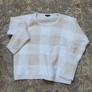 Tribal Buffalo Check Fuzzy Sweater Cream & Beige Pullover Size L